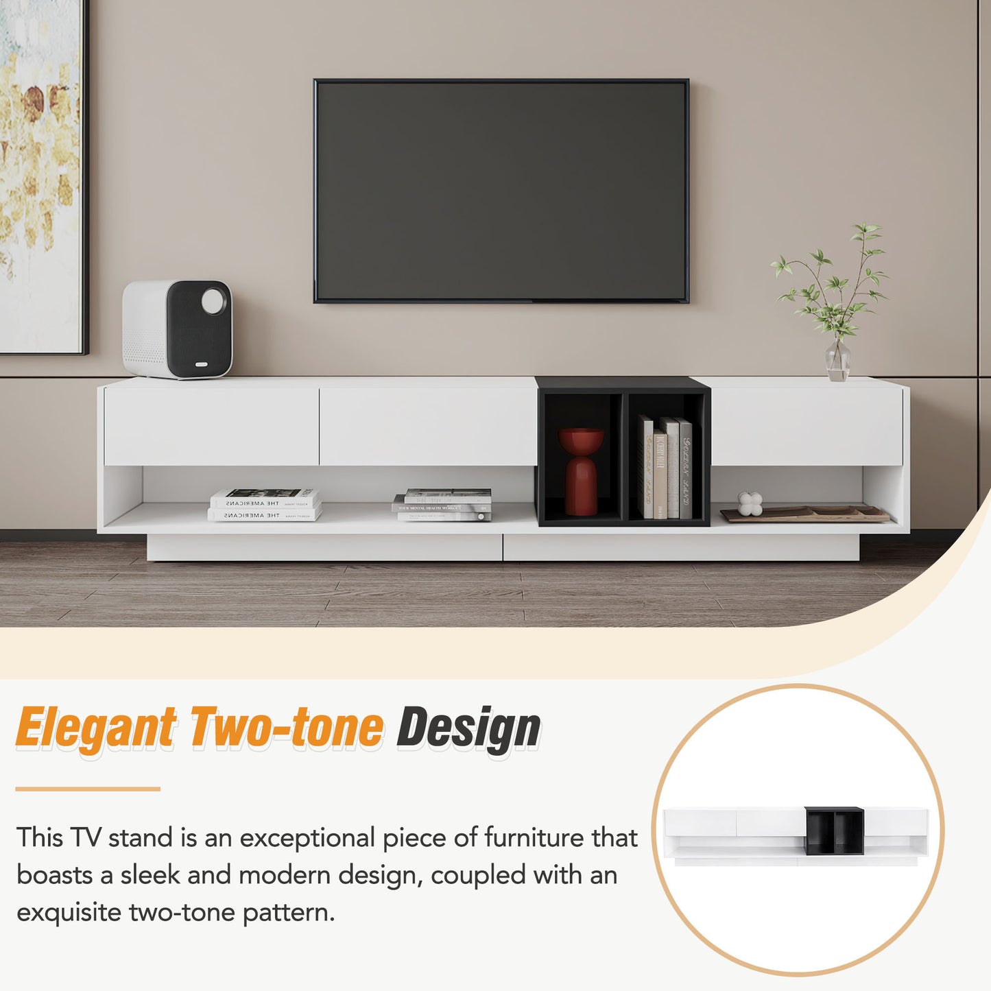 Elegant Two-Tone Media Console with Versatile Storage Solution for Living Room