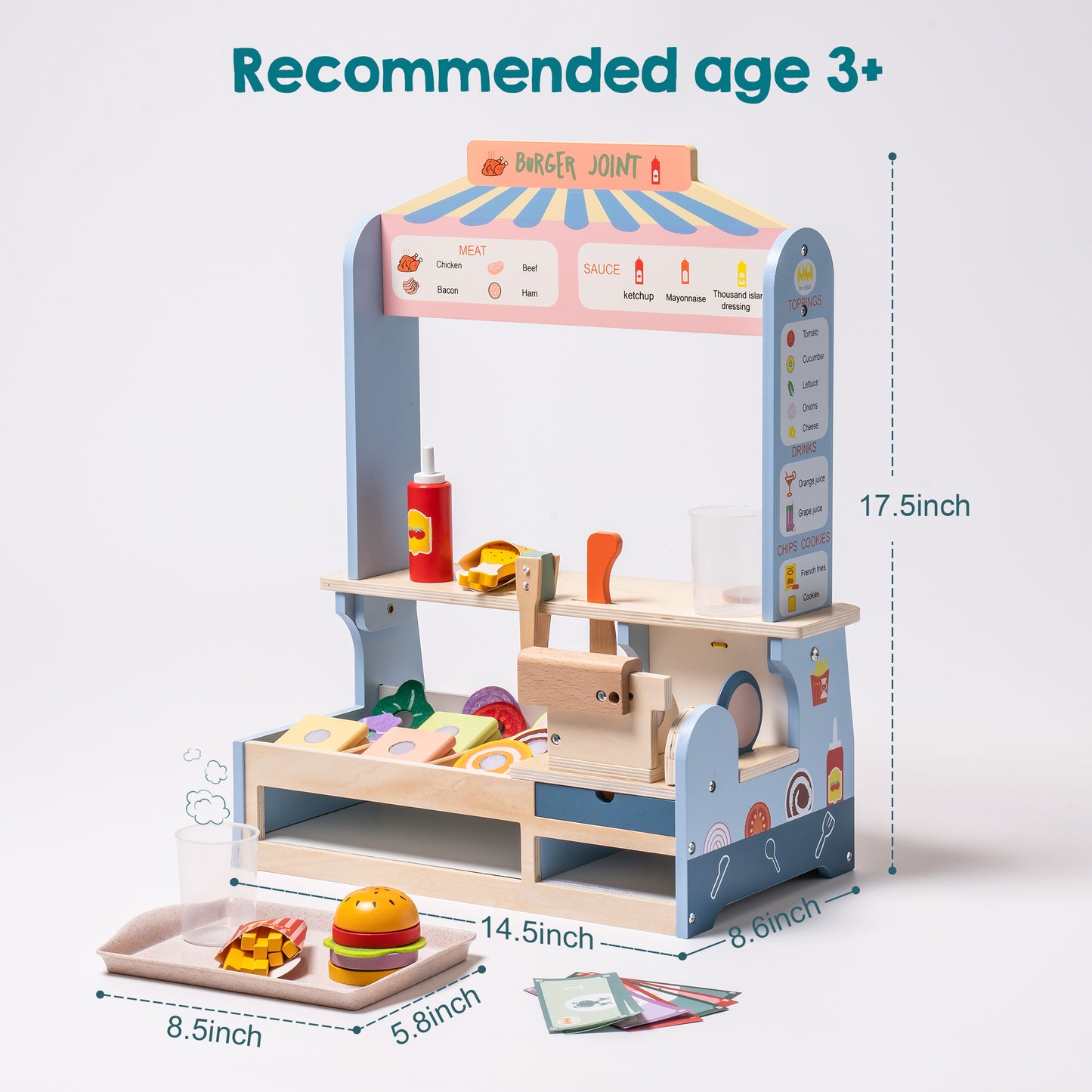 Wooden Slice & Stack Sandwich Counter with Deli Slicer and Rotating Drink Machines - Interactive Kitchen Food Set for Toddlers and Kids 3+