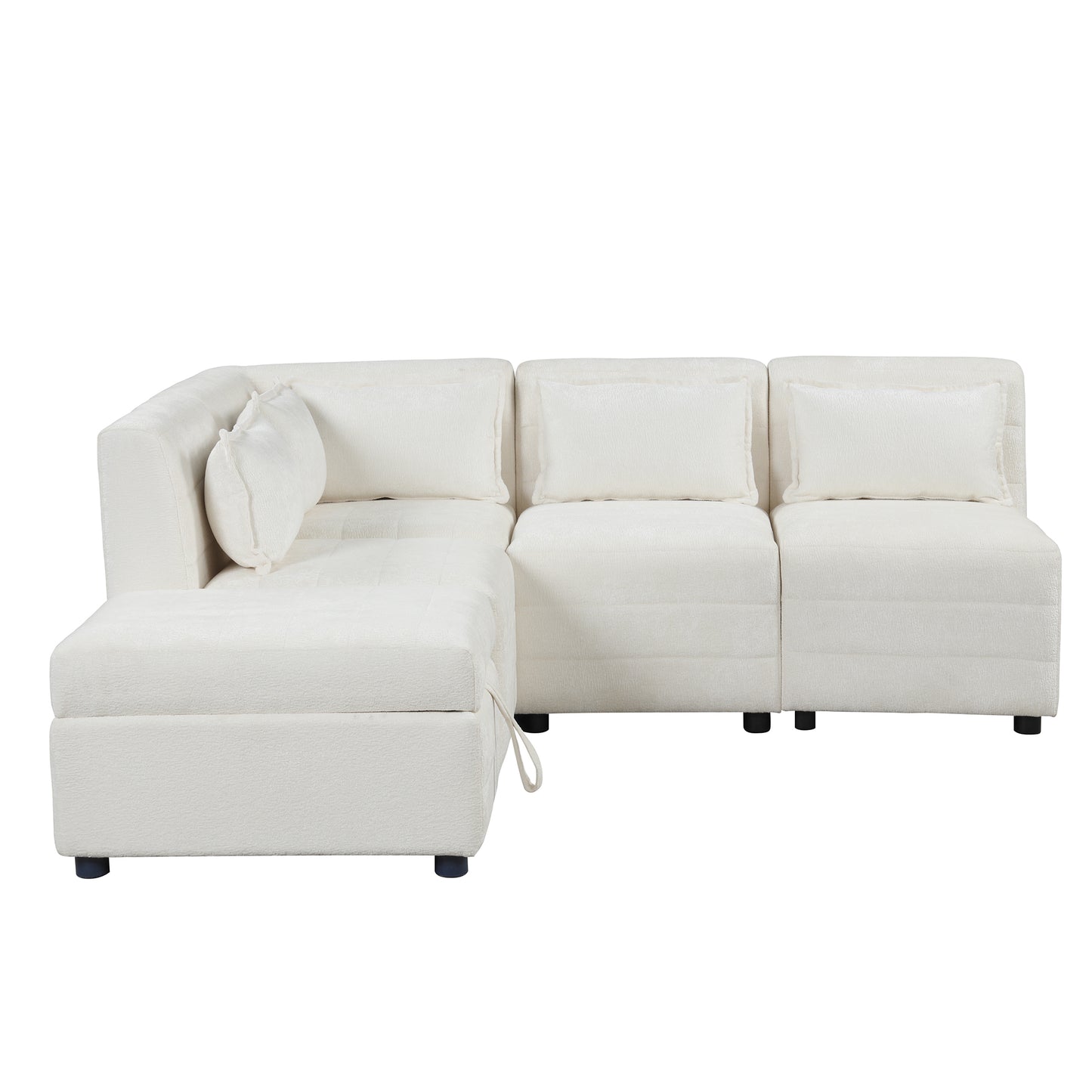 Cream 5-Seater Modular Sectional Sofa with Storage Ottoman and 5 Pillows