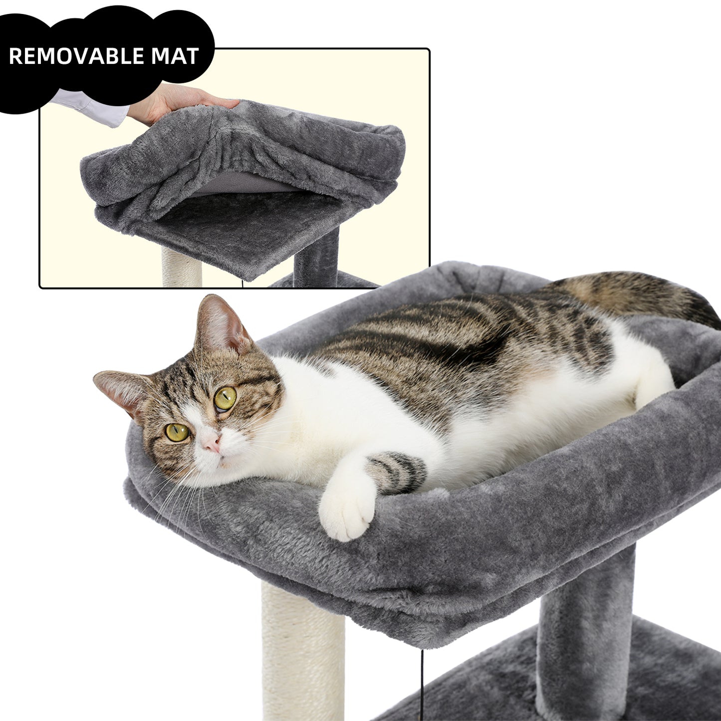 Cat Tree Luxury 34 Inches Cat Tower with Double Condos, Spacious Perch, Fully Wrapped Scratching Sisal Posts and Replaceable Dangling Balls Gray