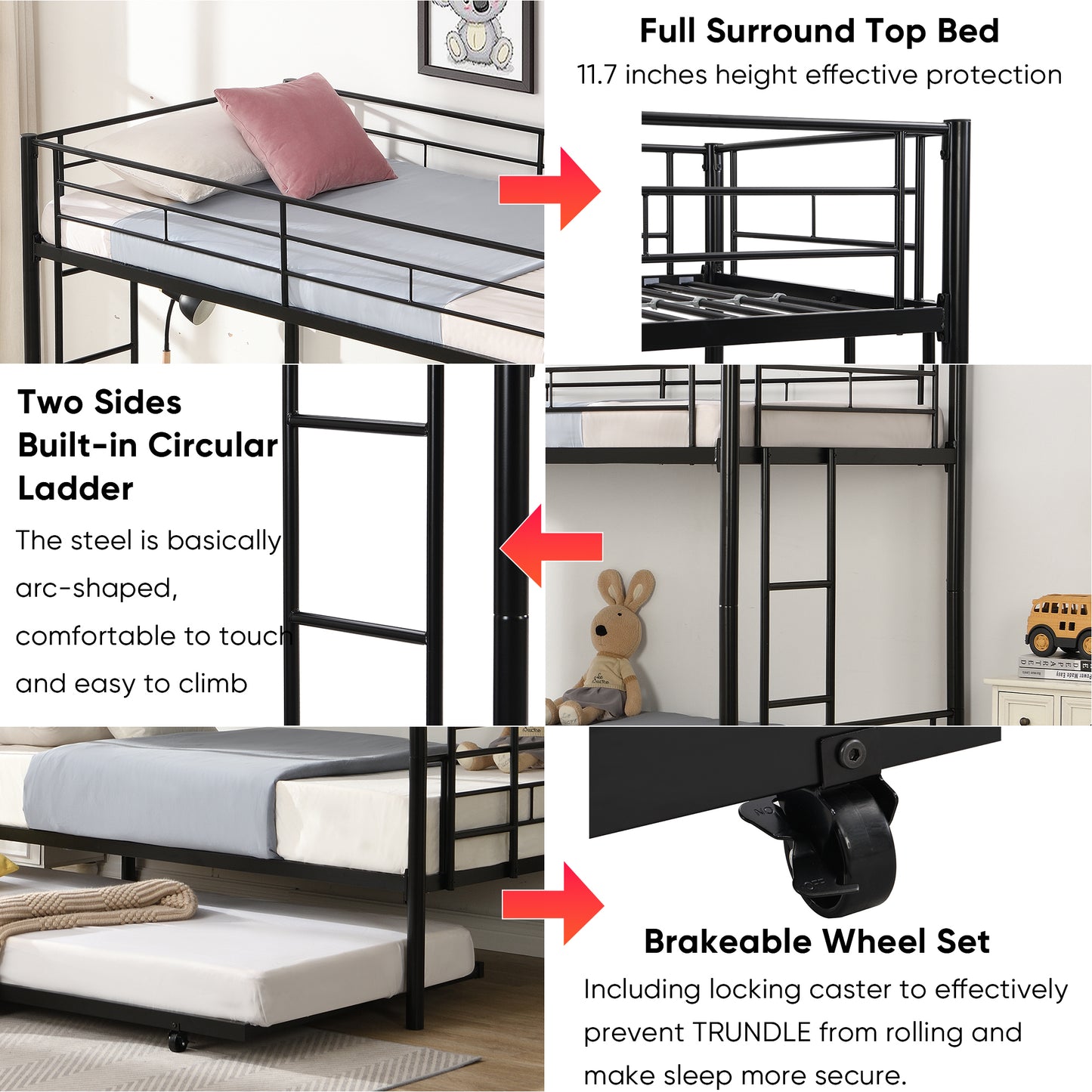 Versatile Twin Bunk Bed with Trundle and Guard Rail