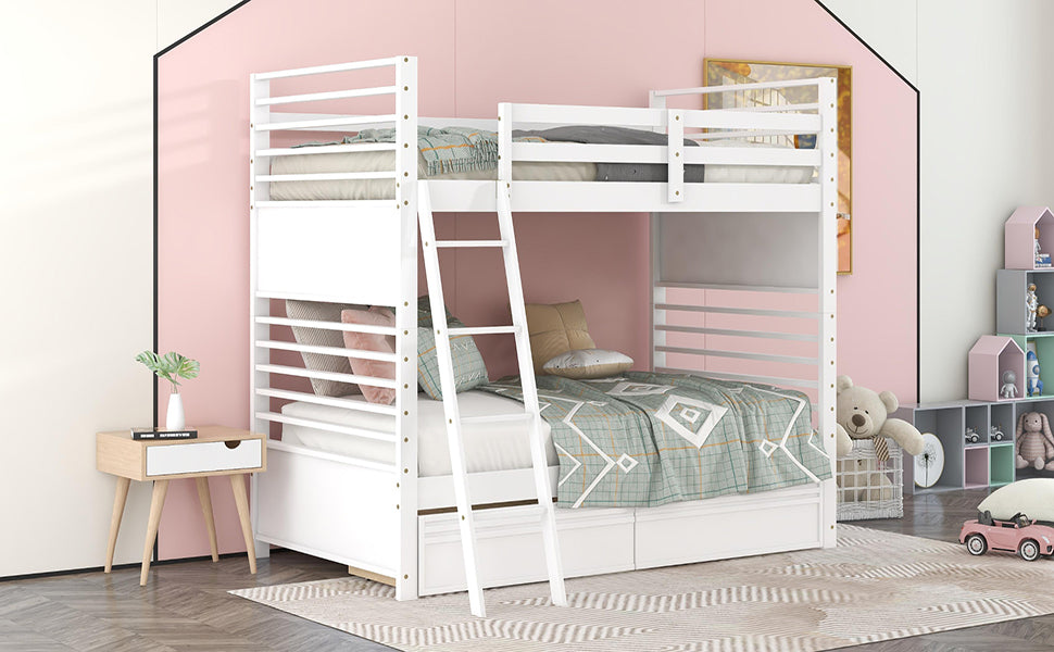 White Twin Bunk Bed with Two Underbed Drawers for Space-Saving Sleepovers