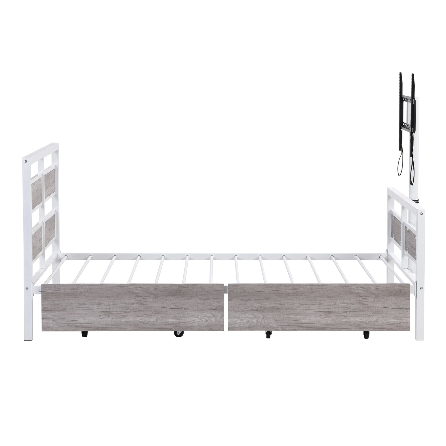 Metal Platform Bed with Rotating TV Stand, Storage Drawers, and MDF Headboard, Twin Size, White