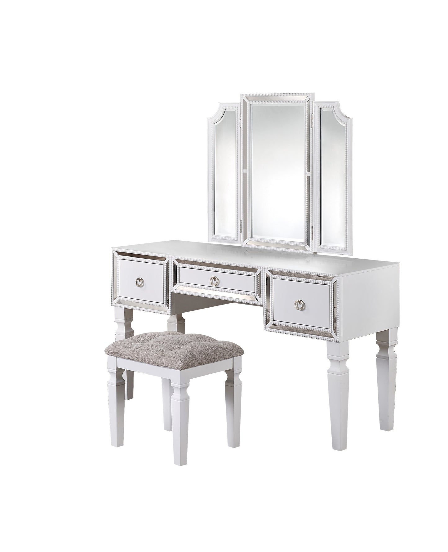 Luxurious Majestic Classic White Color Vanity Set w Stool 3-Storage Drawers 1pc Bedroom Furniture Set Tri-Fold Mirror