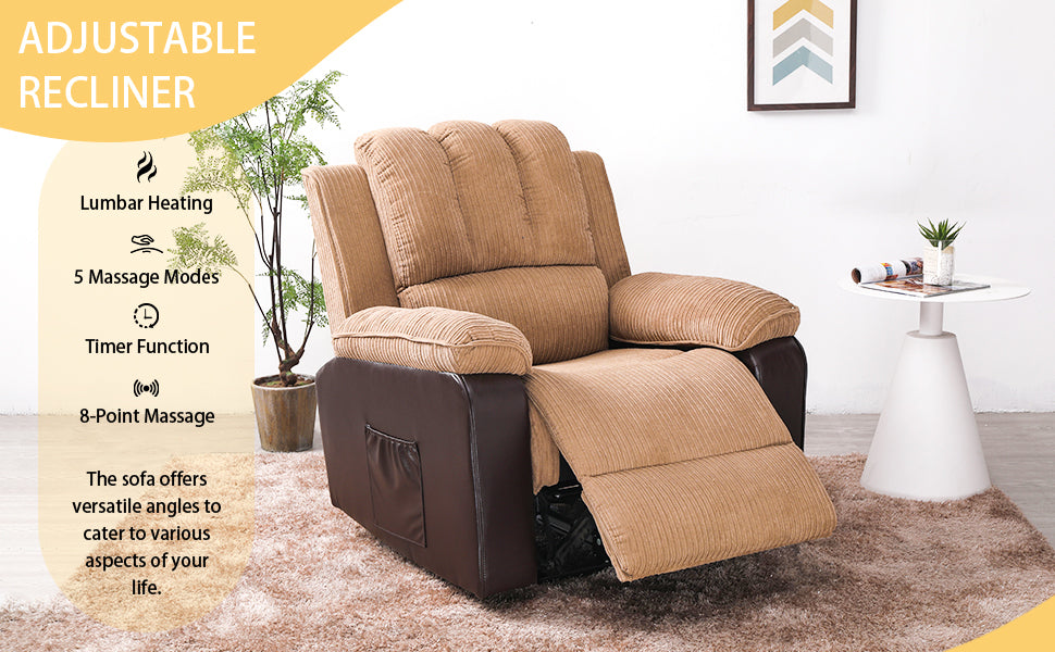 Corduroy + PU material thickened with side pockets armrests ergonomic power sofa chair with 8-point massage heating function