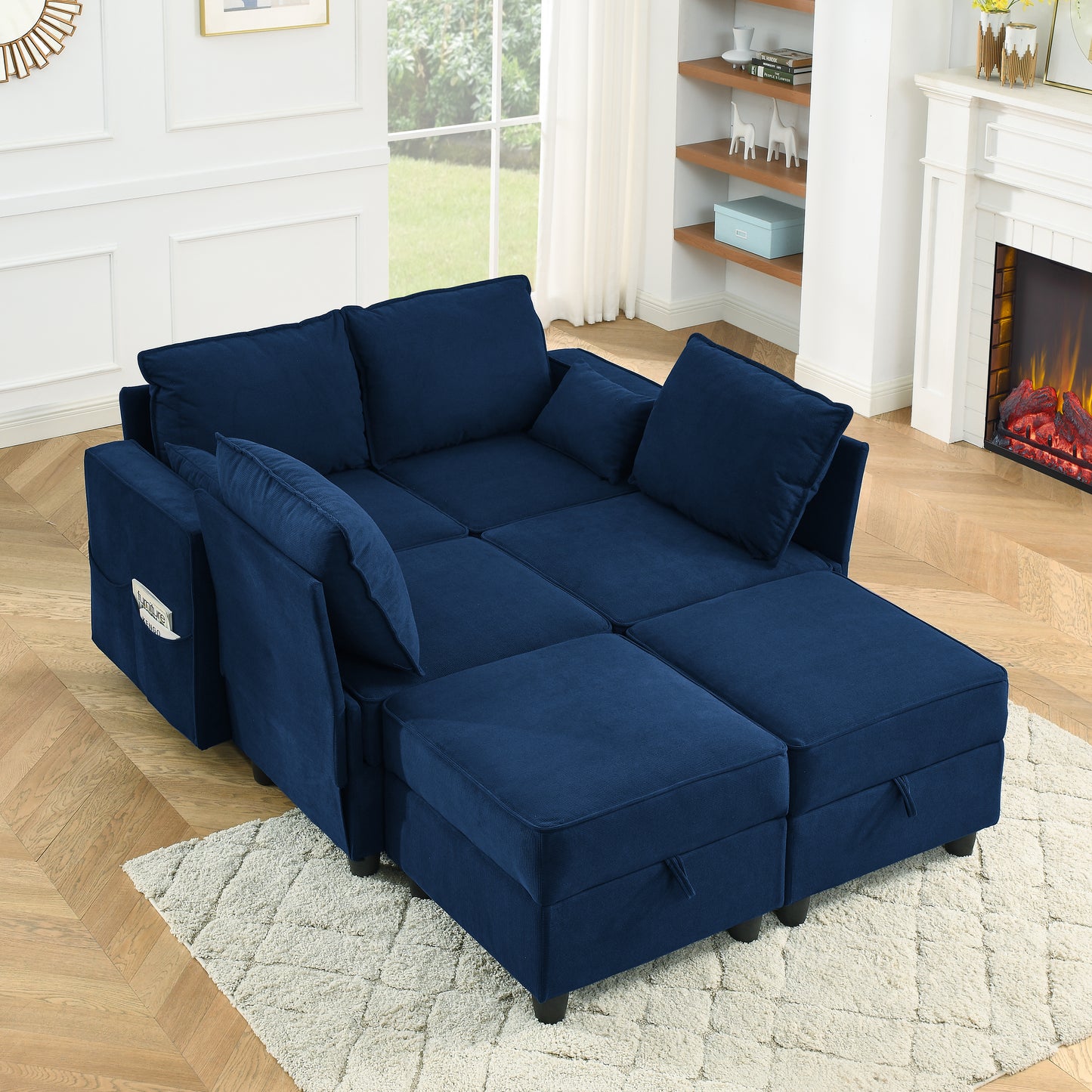 Single Seat of Module Sofa without Armrest, Navy Blue Corduroy Velvet