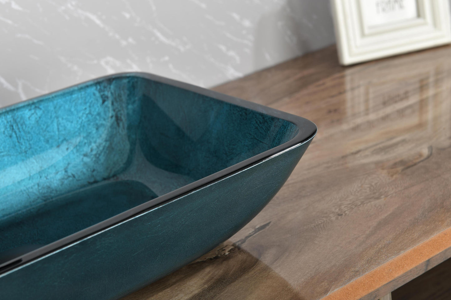 Handcrafted Blue Glass Rectangular Vessel Sink Set with Matte Black Faucet and Pop-Up Drain