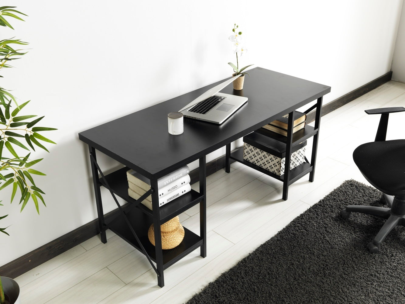 60-Inch Wide Black Wood Top Writing and Computer Desk with Metal Frame and 4 Shelves