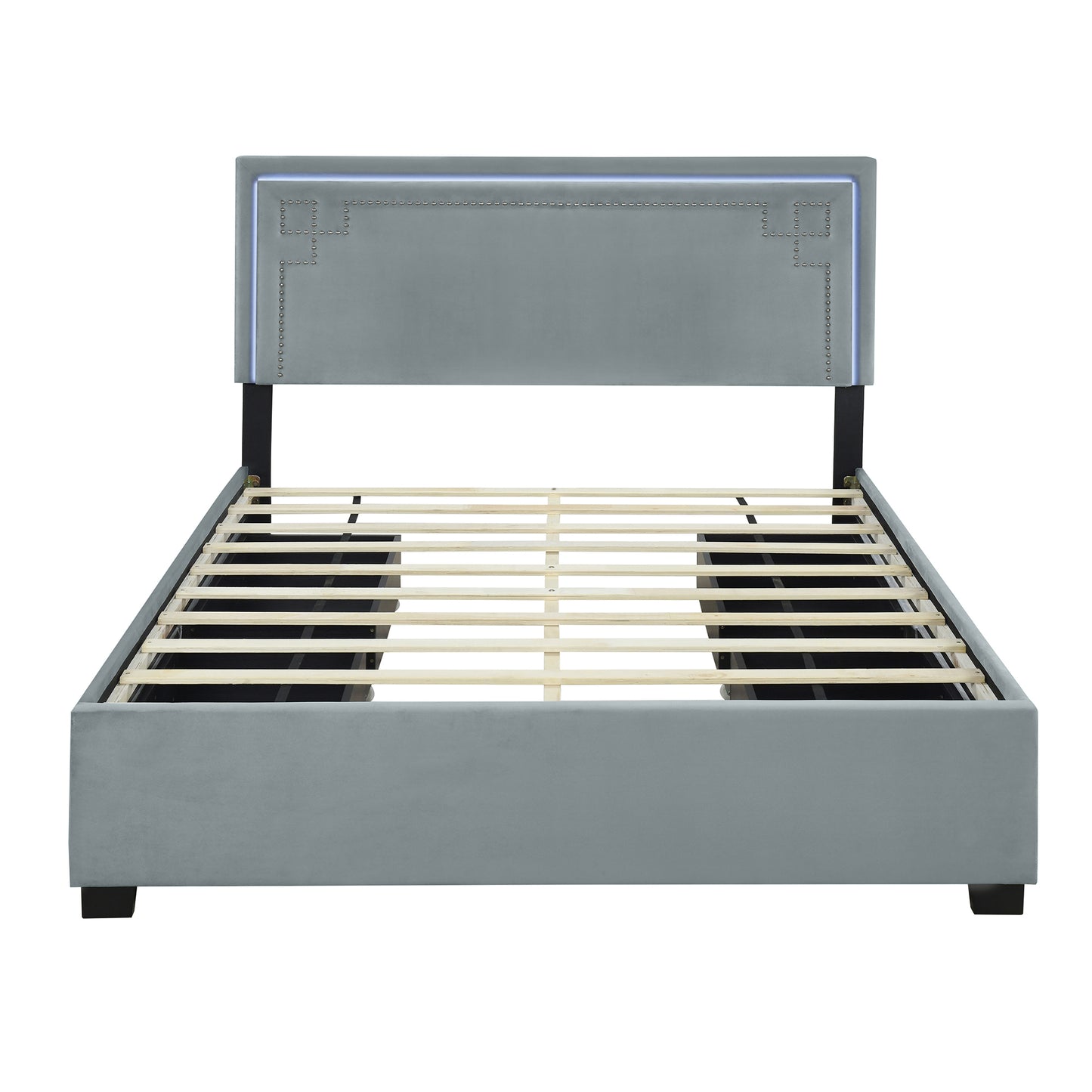 Queen Size Upholstered Platform Bed with Rivet-decorated Headboard, LED bed frame and 4 Drawers, Gray