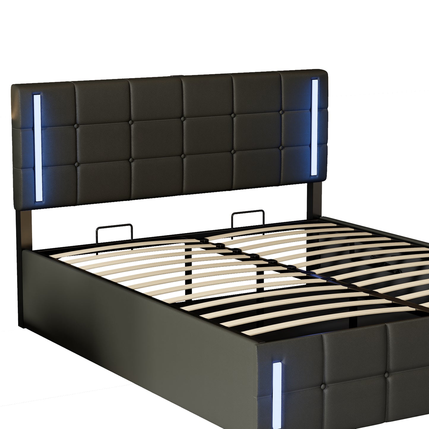 Full Size Upholstered Bed with LED Lights,Hydraulic Storage System and USB Charging Station,Black