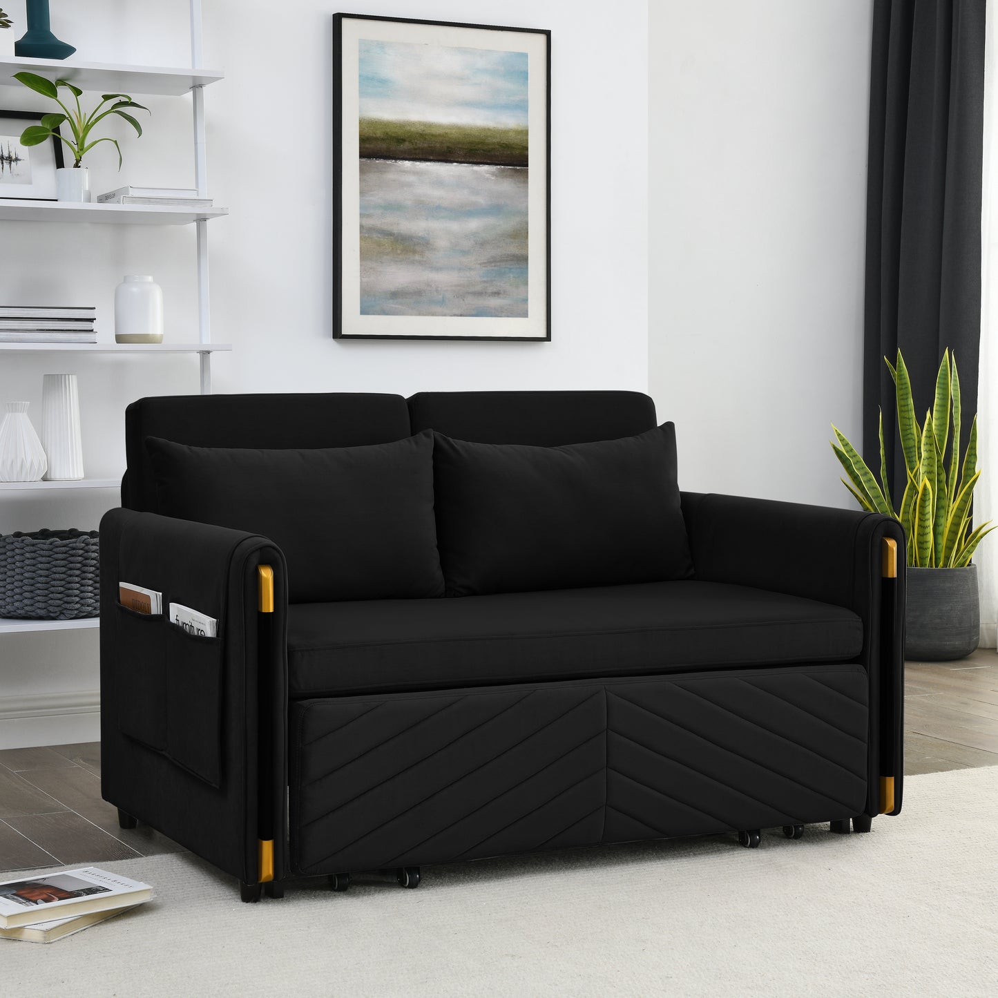 MH 54" Modern Convertible Sofa Bed with 2 Detachable Arm Pockets, Velvet Loveseat Sofa with Pull Out Bed, 2 Pillows and Living Room Adjustable Backrest, Grid Design Armrests, Black