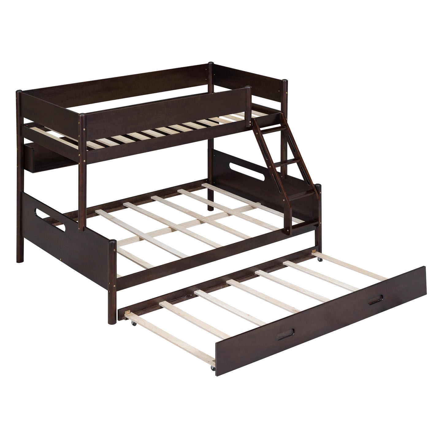 Espresso Wood Bunk Bed with Twin Over Full, Storage Shelves, Trundle, and Sturdy Construction