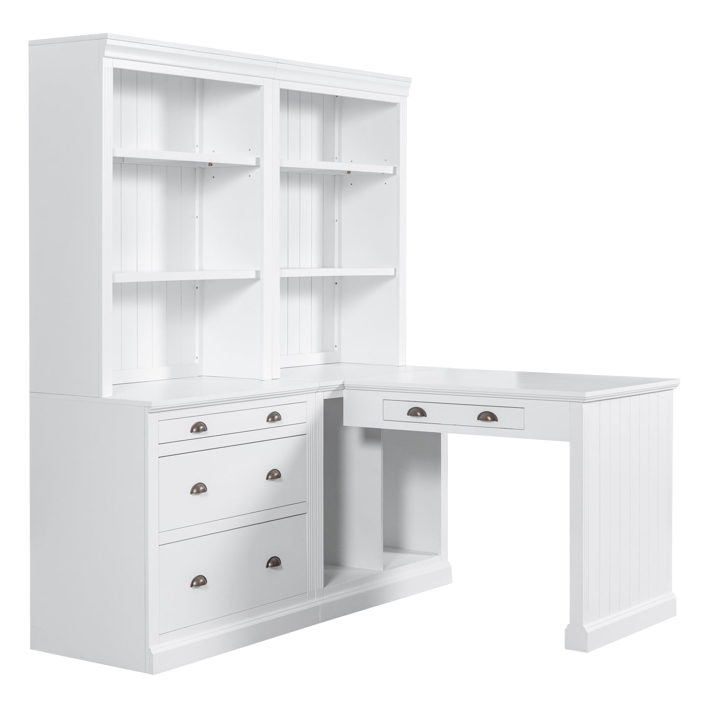 Modern White 83.4 Bookshelf and Writing Desk Suite with LED Lighting and Drawers