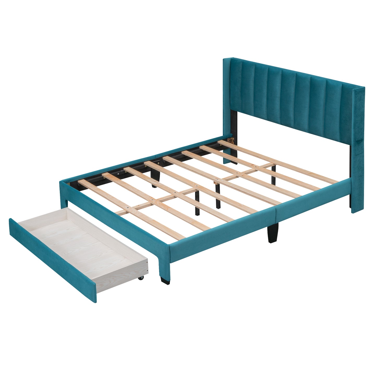 Queen Size Storage Bed Velvet Upholstered Platform Bed with a Big Drawer - Blue