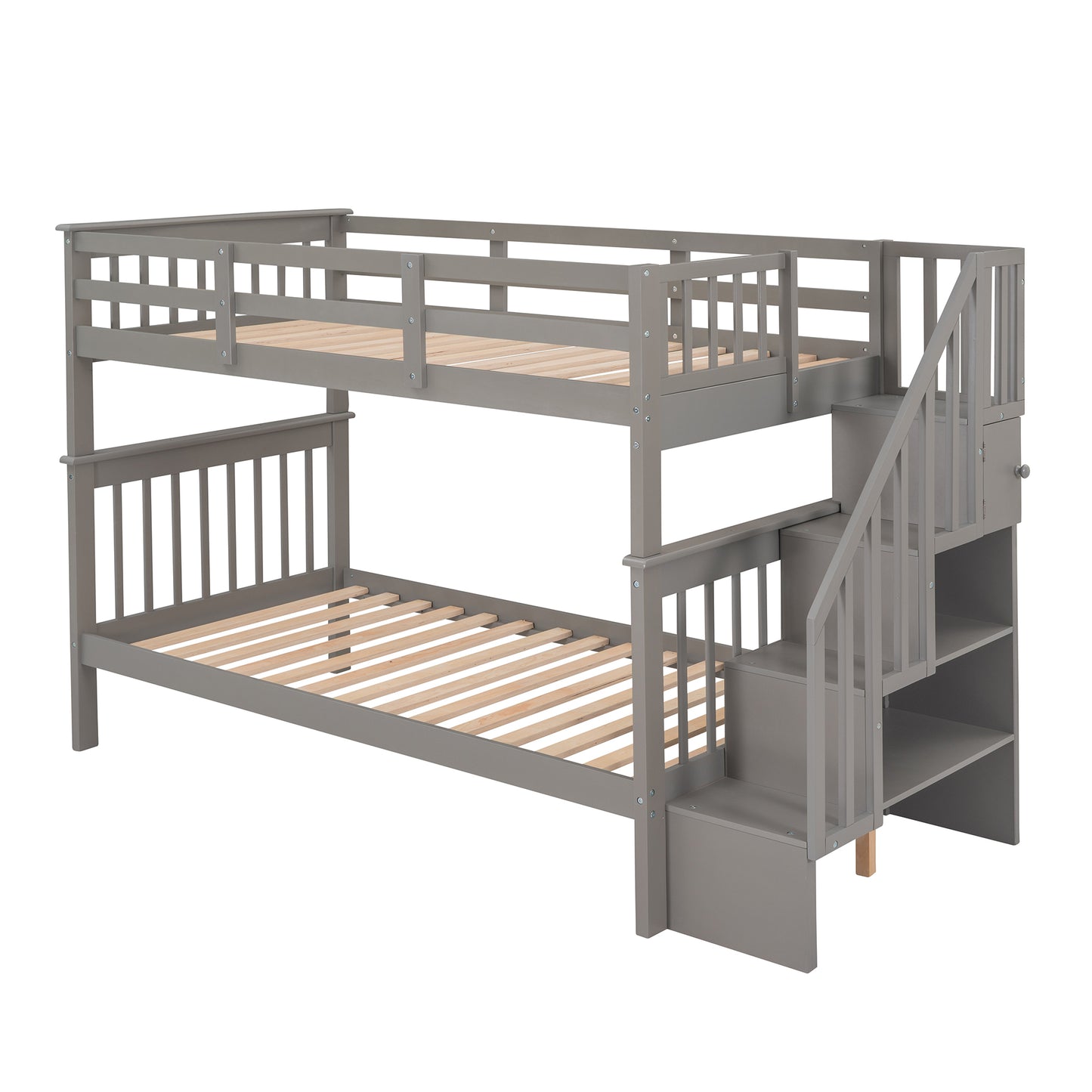 Gray Twin Bunk Bed with Staircase Storage and Guard Rail