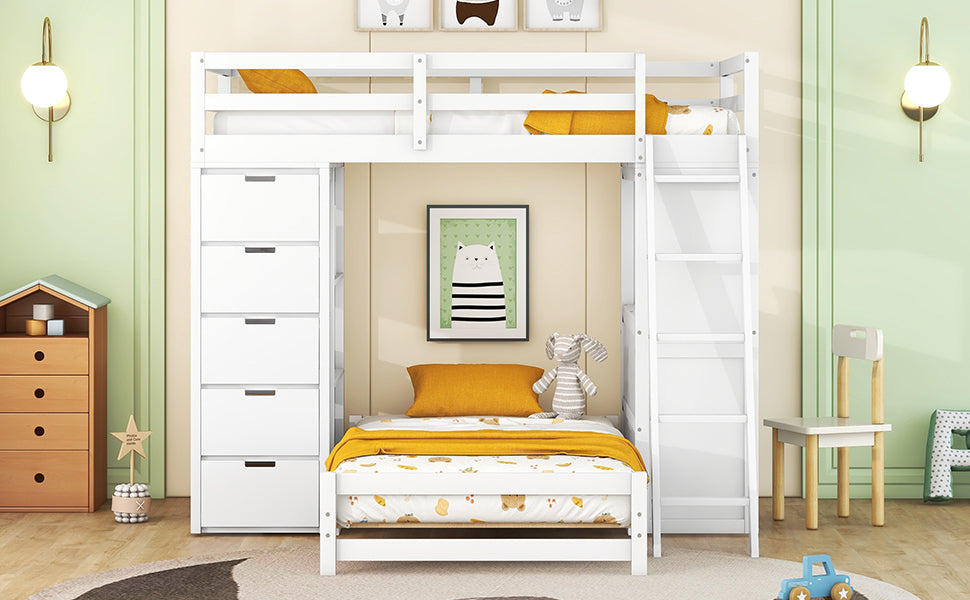 White Twin Bunk Bed with LED Light, USB Ports, and Storage Options