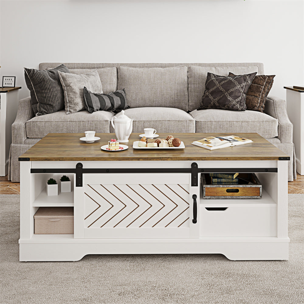 White Wood Coffee Table with Barn Door Storage and Modern Design