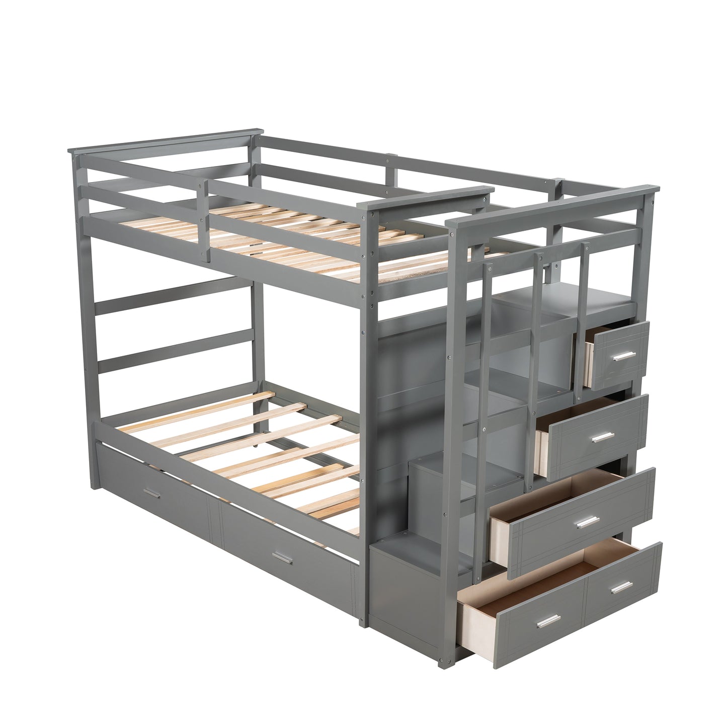 Twin Bunk Bed with Staircase, Trundle, and Storage Drawers in Natural Gray Finish