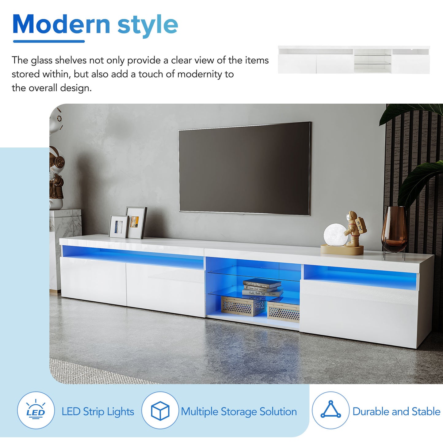 Modern White TV Stand with Glass Shelves and LED Lights for TVs Up to 100