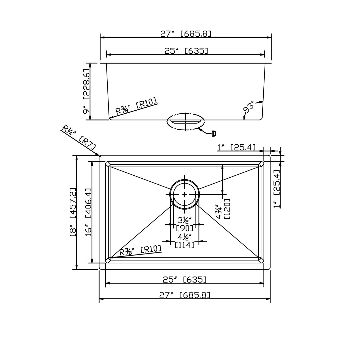 27 Stainless Steel Undermount Kitchen Sink with Sound Dampening Grid