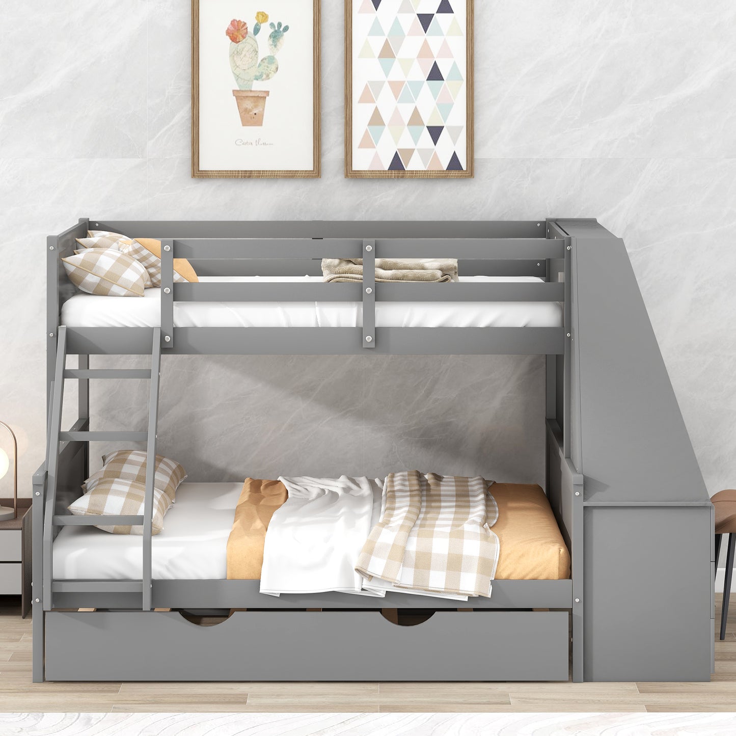 Enhanced Gray Twin over Full Bunk Bed with Trundle, Desk, and Storage