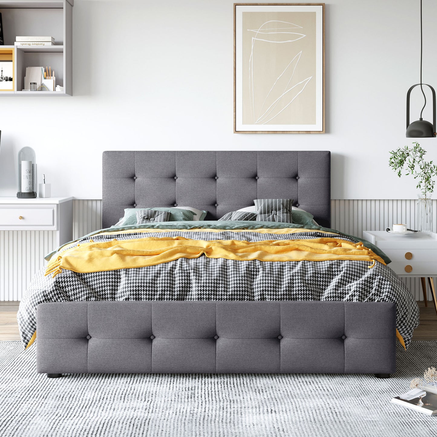 Upholstered Platform Bed with Classic Headboard and 4 Drawers, No Box Spring Needed, Linen Fabric, Queen Size Dark gray