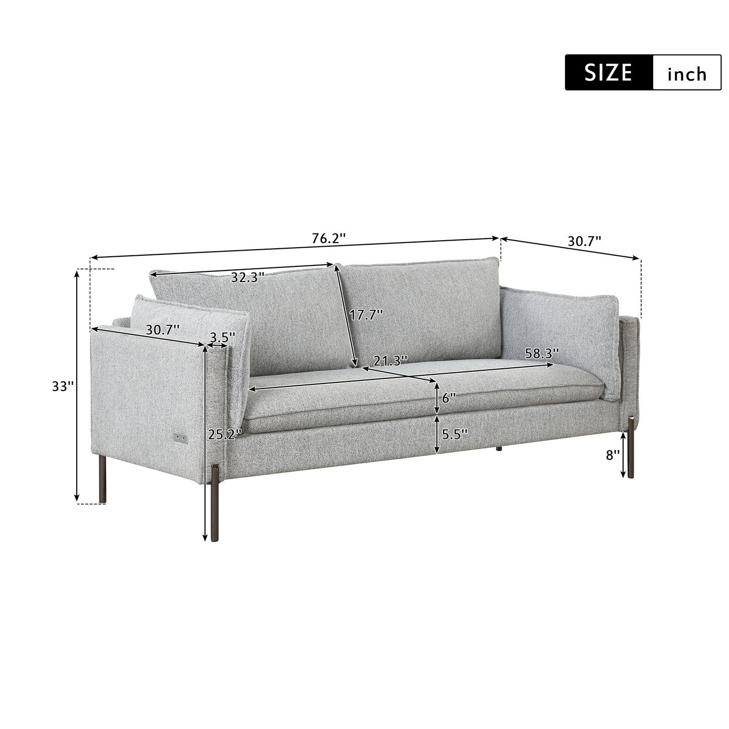 76.2 Modern Style 3-Seat Linen Fabric Sofa with USB Charging Ports