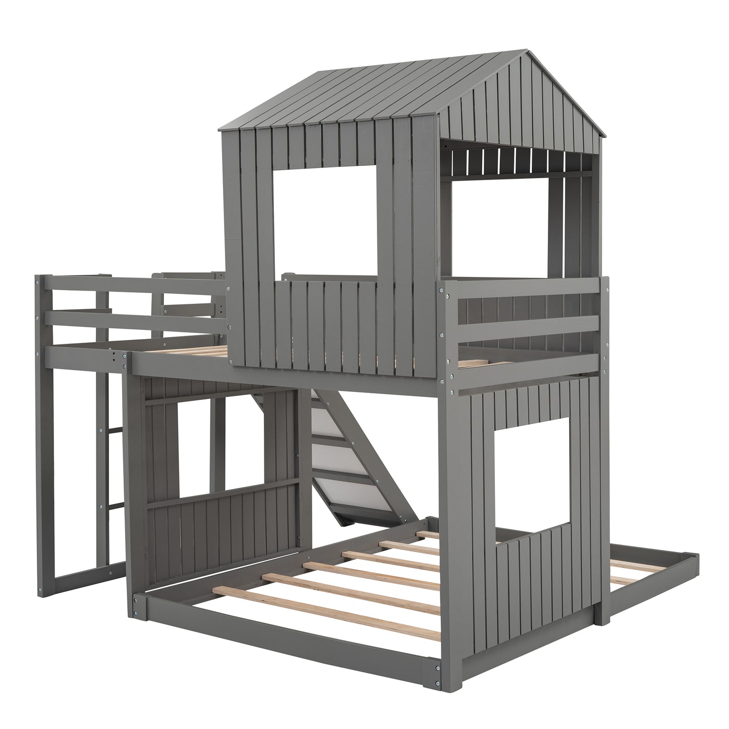 Playhouse Twin Over Full Bunk Bed with Ladder, Slide & Guardrails - Gray Wood, LT000028AAN