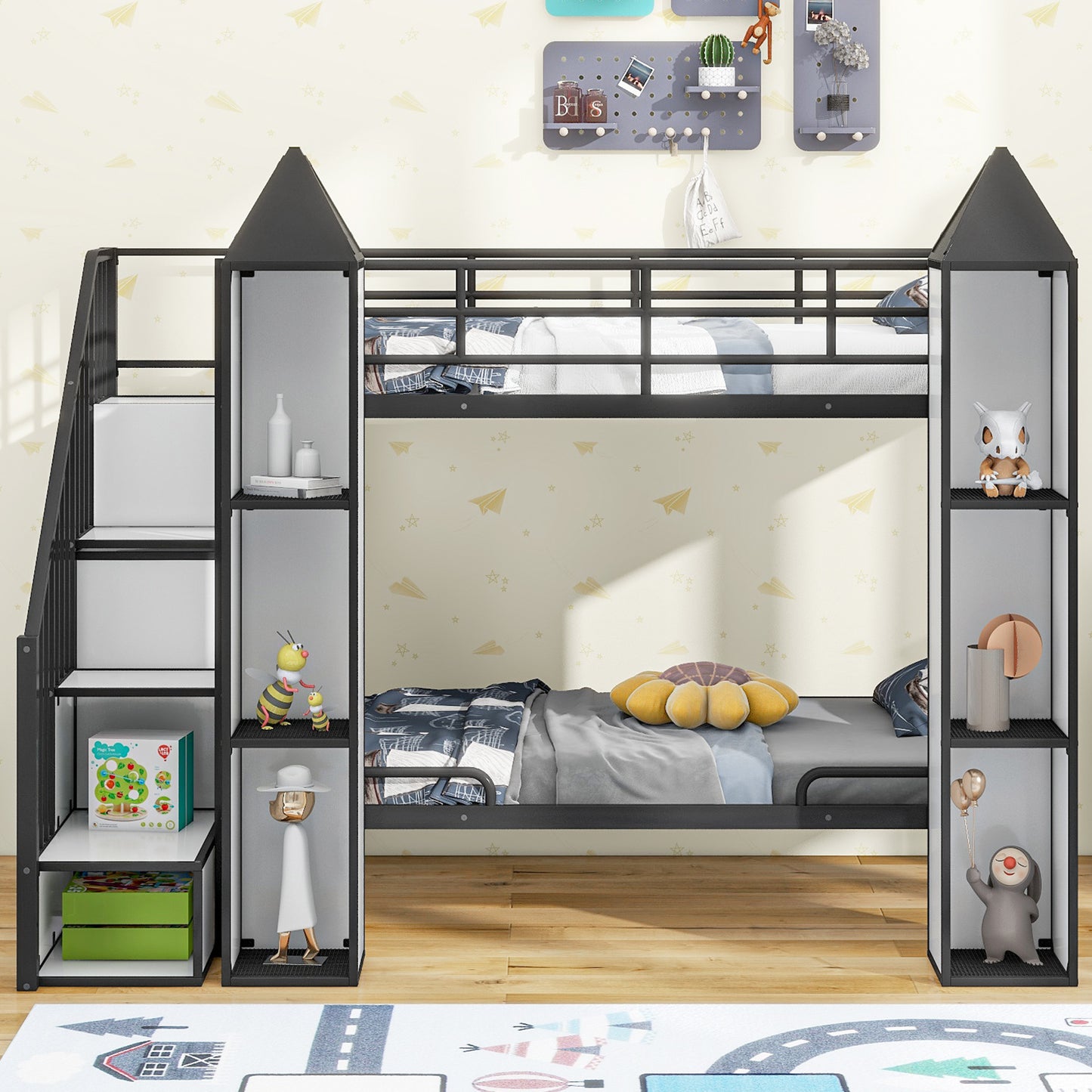 Castle-themed Metal Twin Bunk Bed with Wardrobe and Storage in Black and White Color Palette