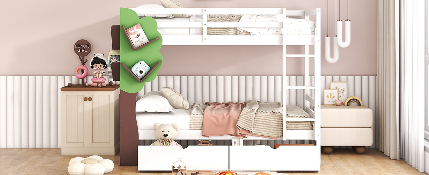 White Twin Bunk Bed with Tree Design and Storage Drawers