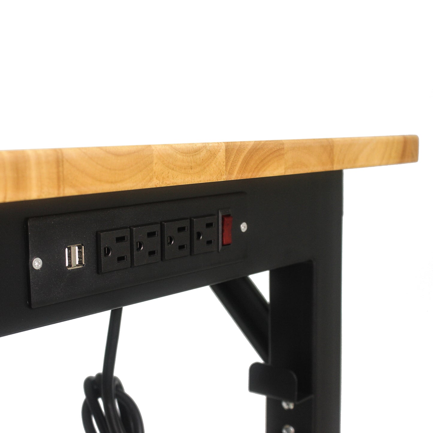 Adjustable Steel Workstation with Hardwood Top and Built-In Power Outlets