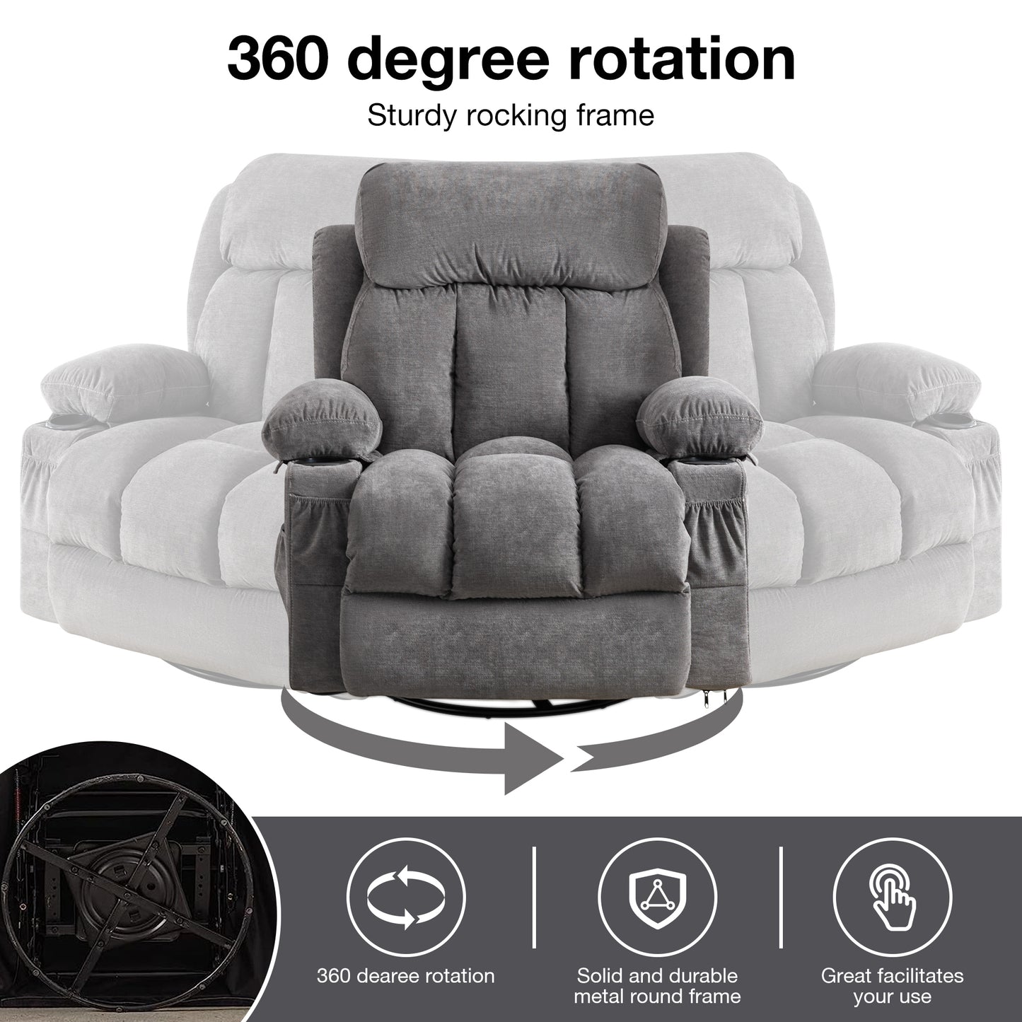 Swivel Gray Velvet Massage Recliner Sofa with Heating, USB, and Cup Holders