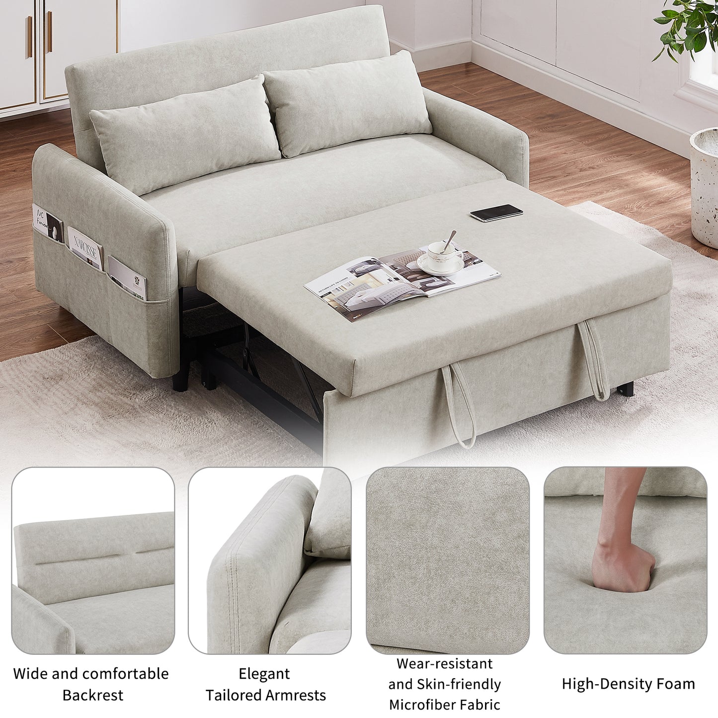 Adjustable Pull Out Sleep Sofa Bed Loveseat Couch with Storage Pockets, USB Ports, Beige