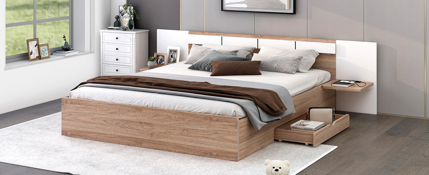 Queen Size Platform Bed with Headboard, Drawers, Shelves, USB Ports and Sockets, Natural