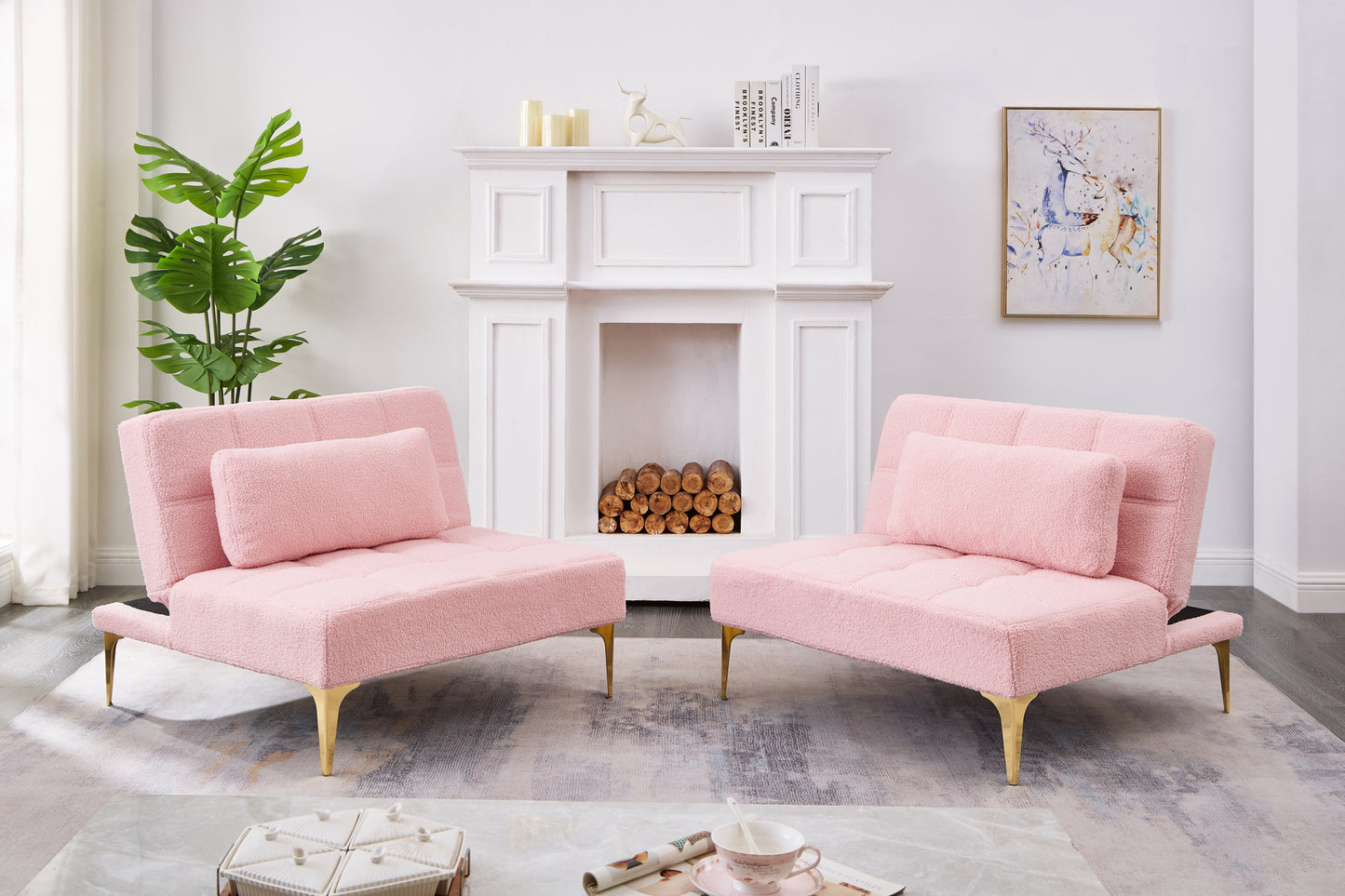 Convertible Pink Teddy Fabric Sofa Bed with Gold Metal Legs