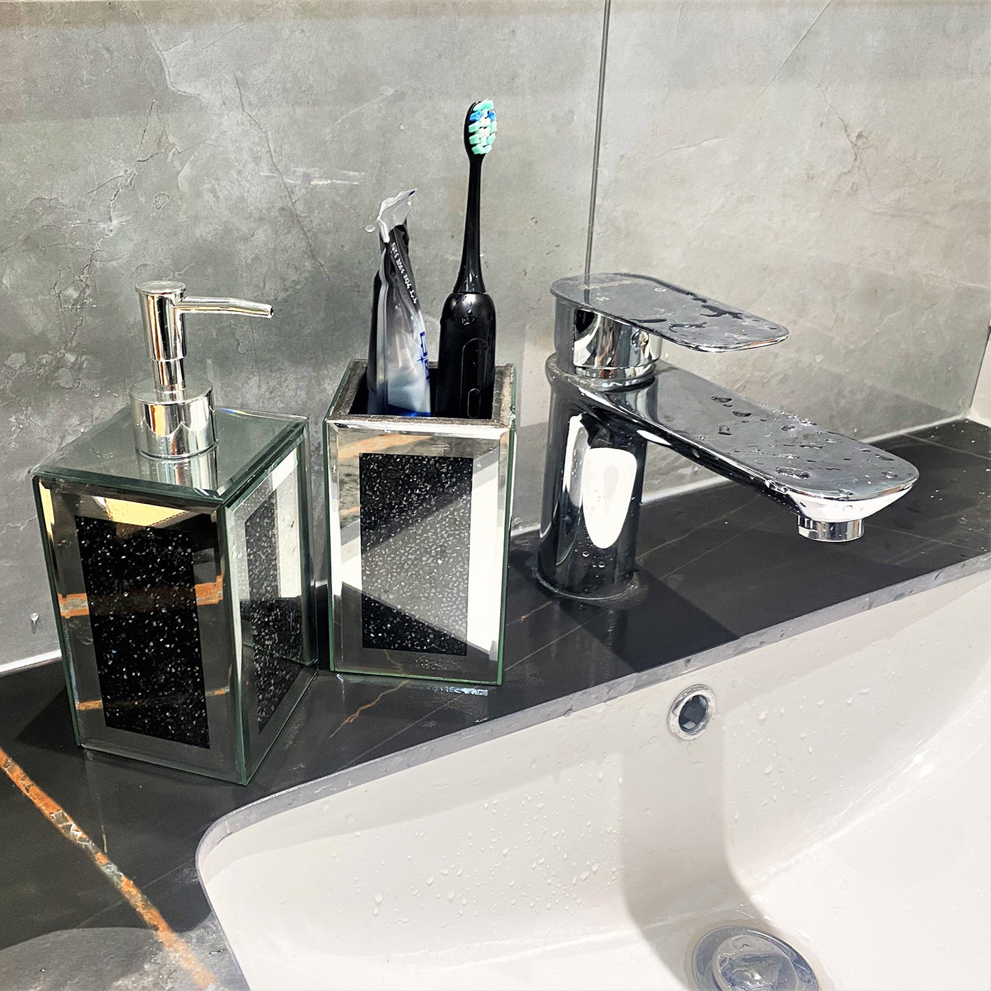 Contemporary Glass Square Soap Dispenser and Toothbrush Holder Bundle