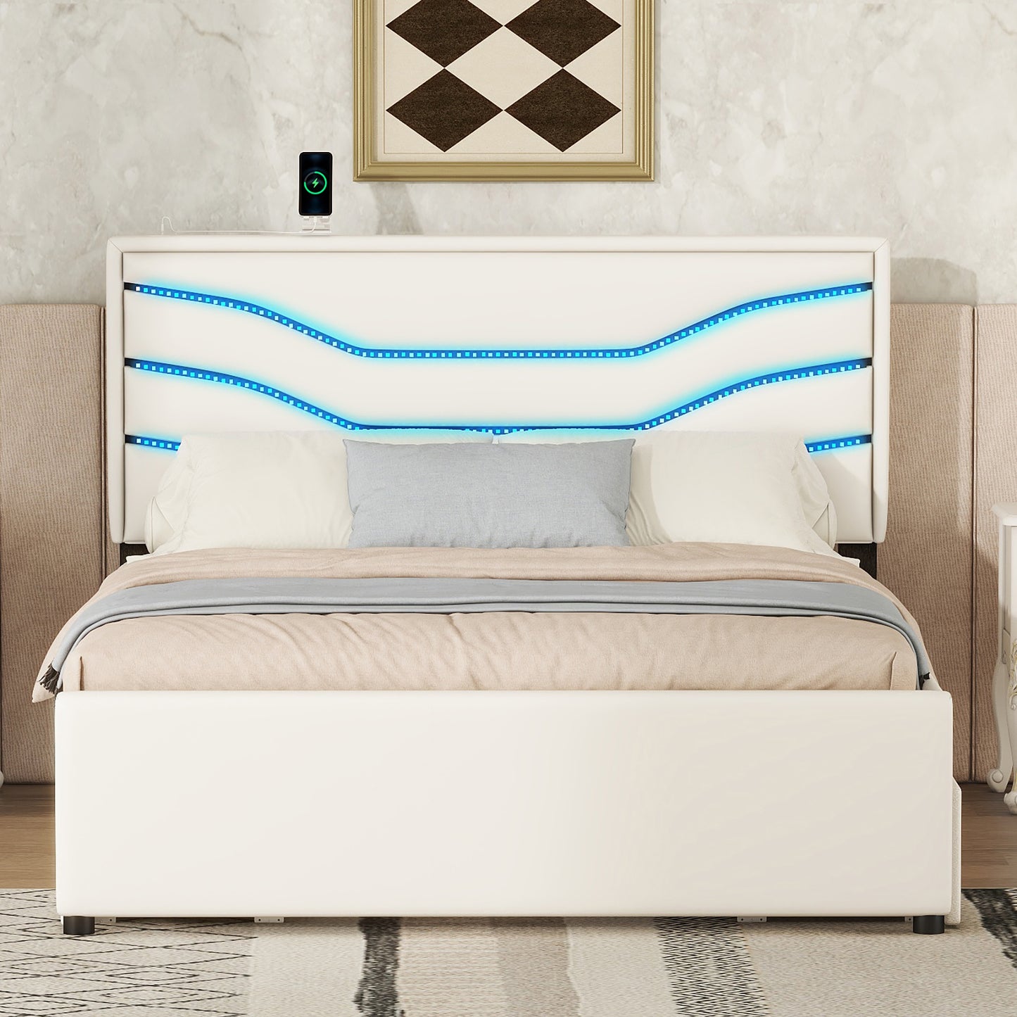 Queen Size Upholstered Storage Platform Bed with LED, 4 Drawers and USB Charging, White