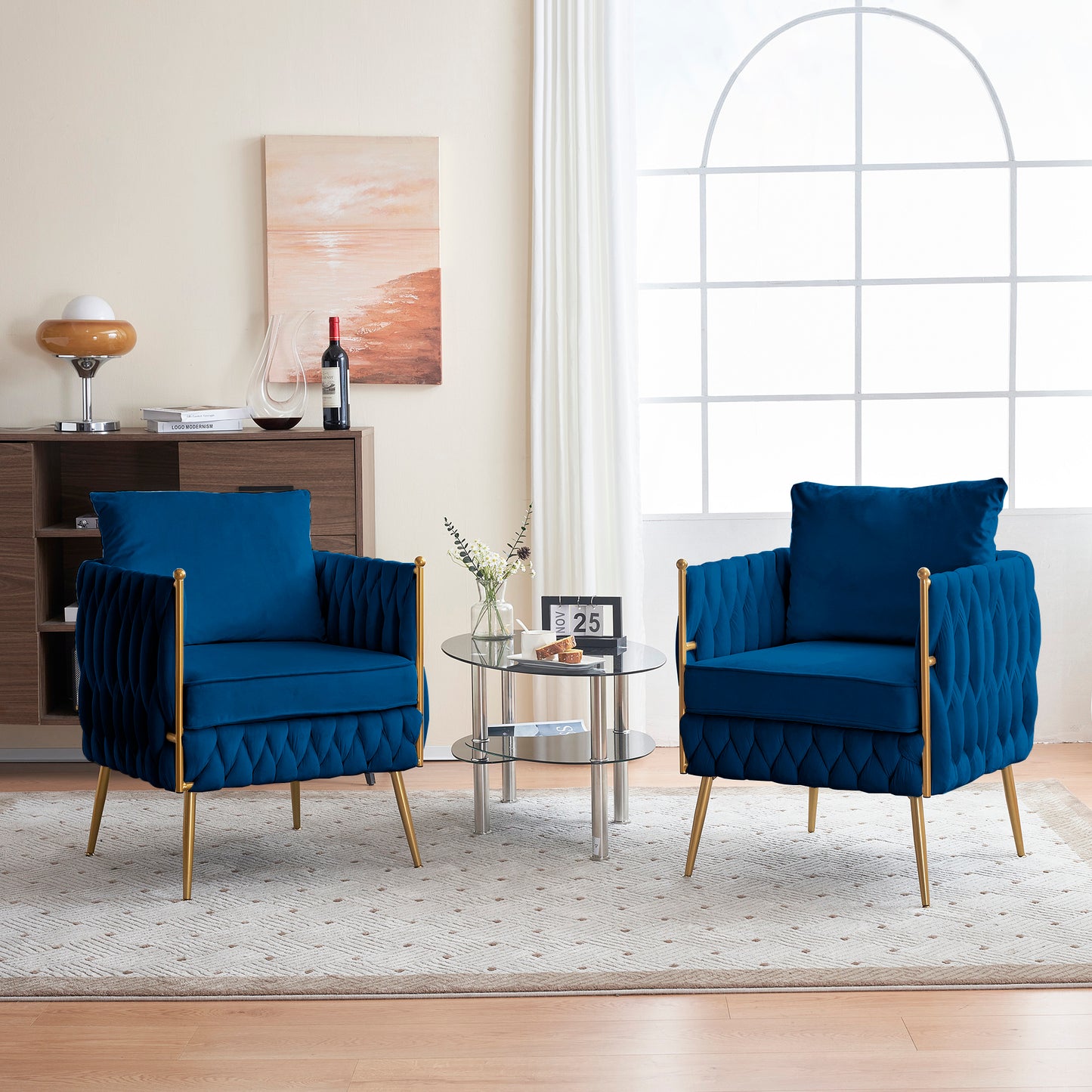 Modern Comfy Handmade Bucket Woven Velvet Accent Chair Arm Chair, Fluffy Tufted Upholstered Single Sofa Chair for Living Room, Bedroom, Office, Waiting Room  Blue Velvet