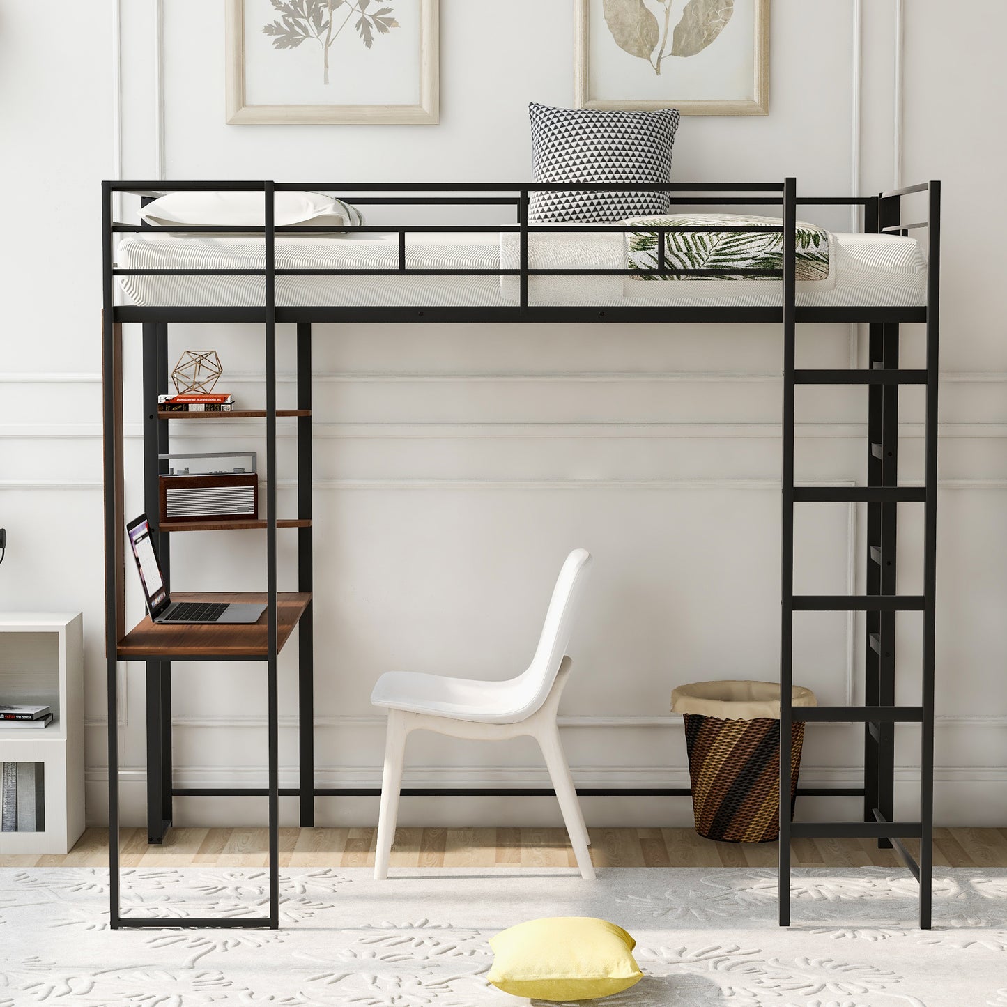 Twin Metal Loft Bed with 2 Shelves and one Desk ,BLACK(: MF281206AAB)