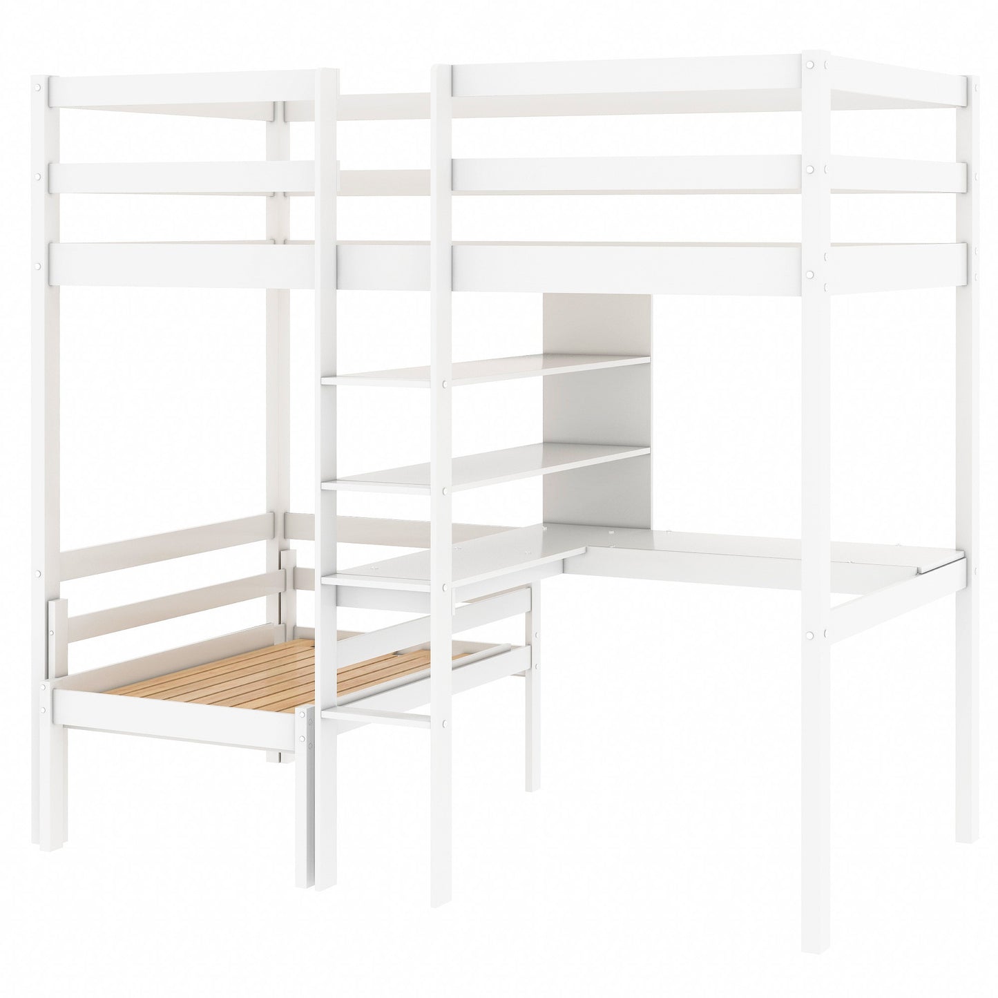 Convertible Loft Bed with L-Shaped Desk and Twin Bunk Bed in White Finish - Space-Saving Bedroom Solution