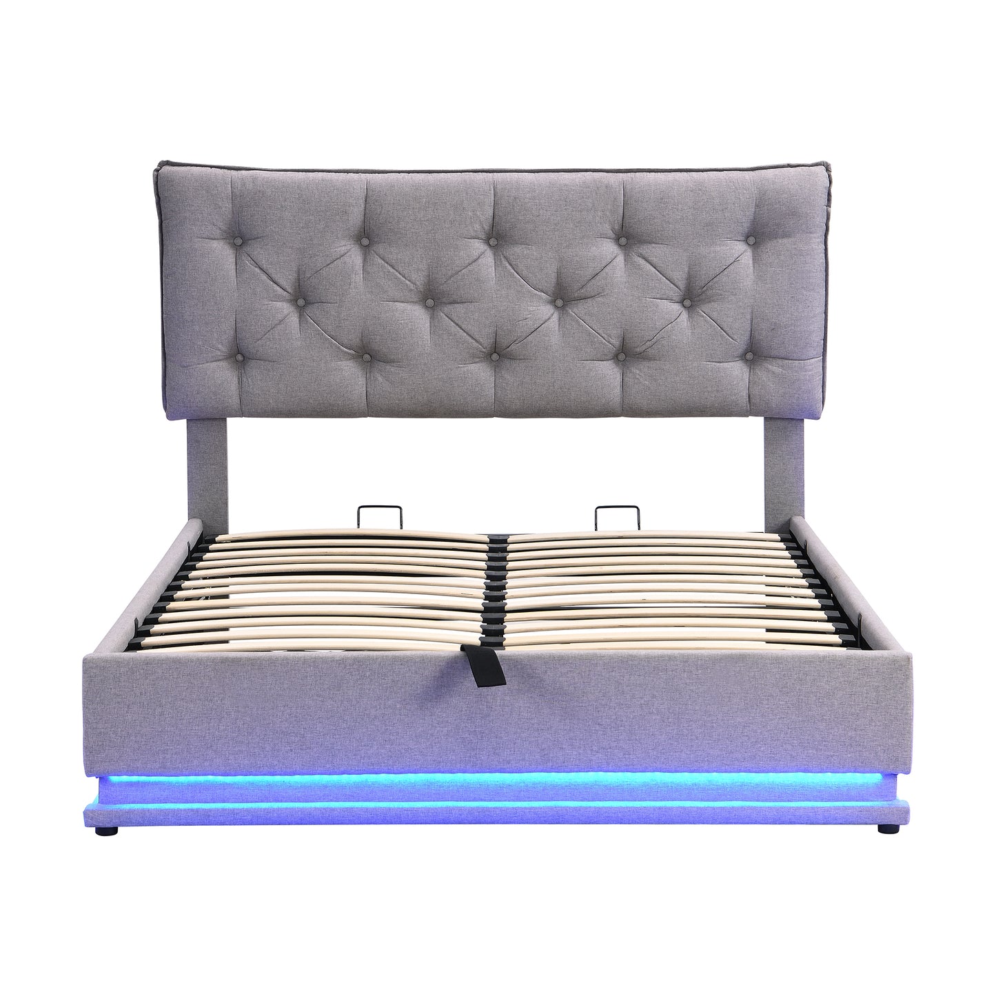 Full Size Upholstered Bed with Hydraulic Storage System and LED Light, Modern Platform Bed with Button-tufted Design Headboard, Gray