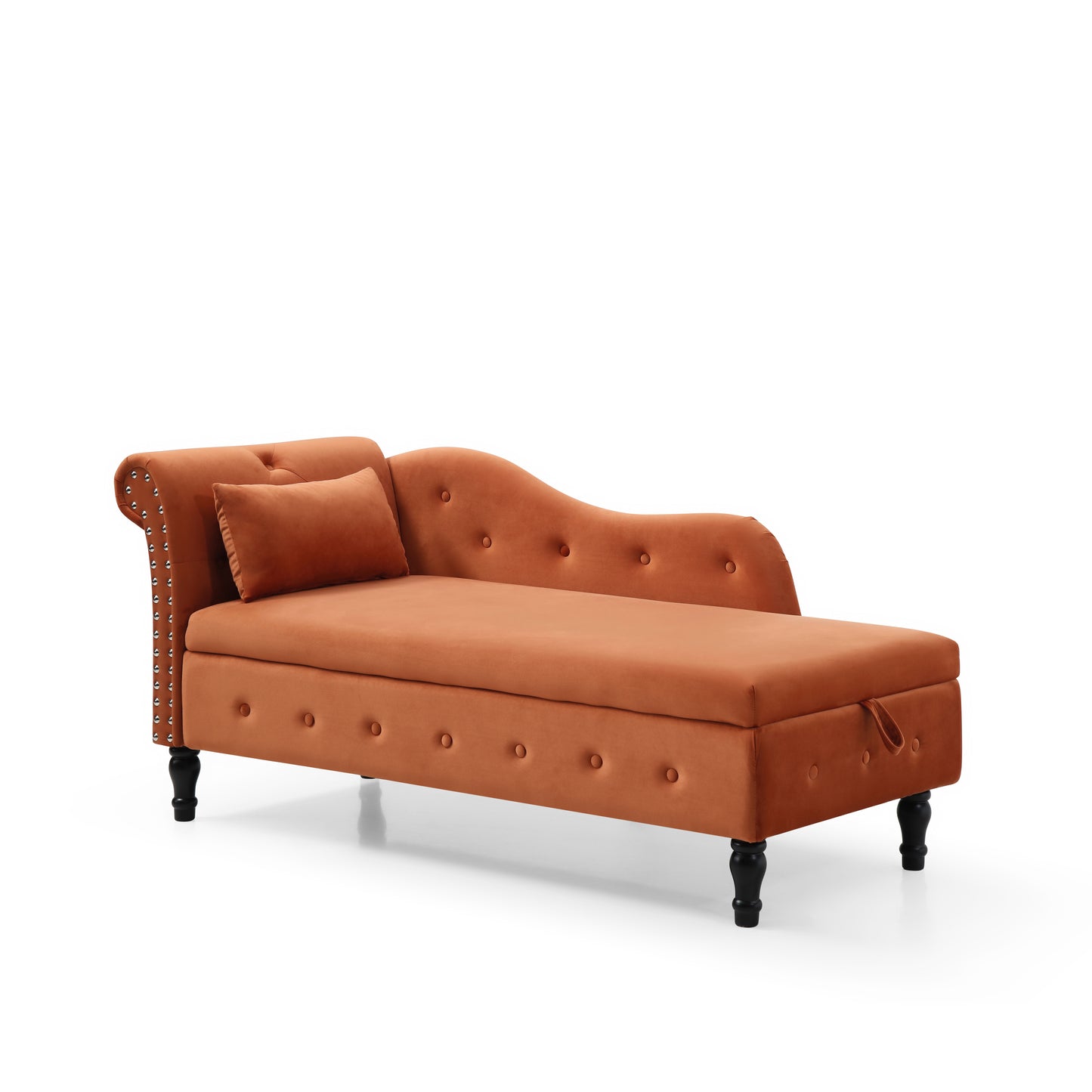 Aijia 60" Velvet Multifunctional Storage Chaise Lounge Buttons Tufted Nailhead Trimmed Solid Wood Legs with 1 Pillow,Orange