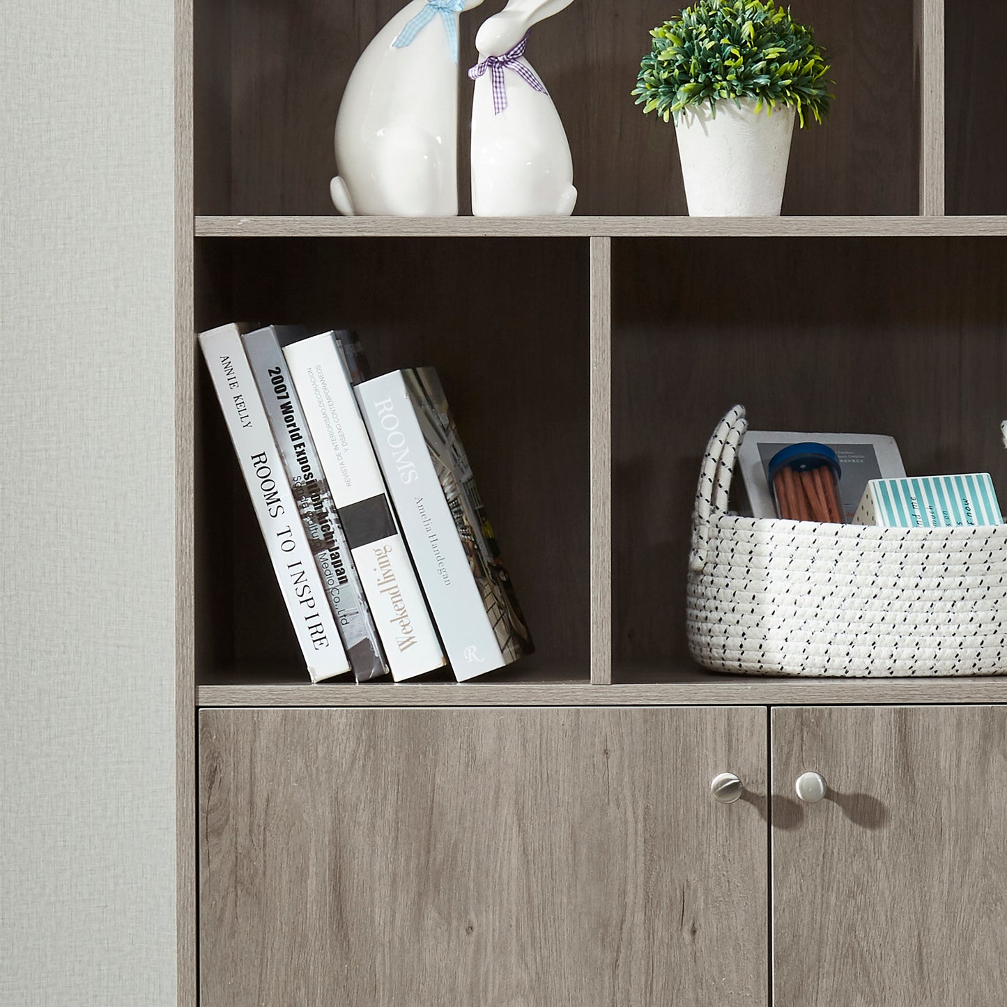 Bookcase, Bookshelf with Doors, Gray Oak