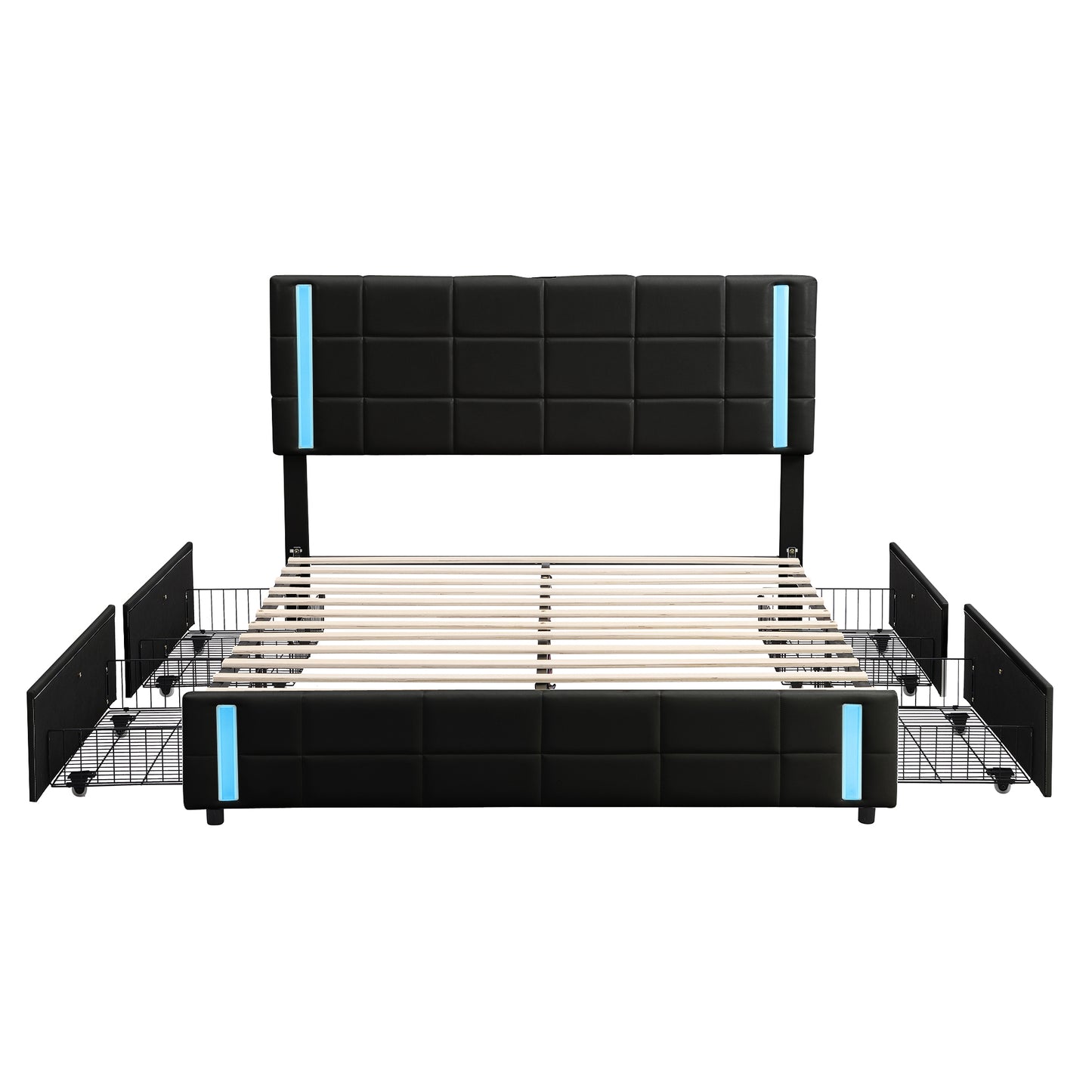 Queen Size Upholstered Platform Bed with LED Lights and USB Charging, Storage Bed with 4 Drawers, Black