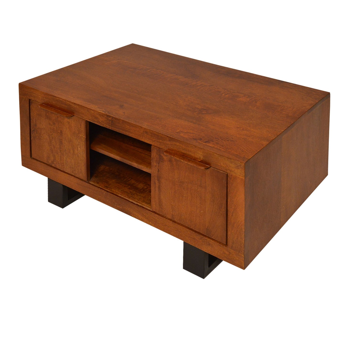 36 Inch Stylish Industrial Wooden Coffee Table with Open Storage Compartments and Sleek Base, Brown