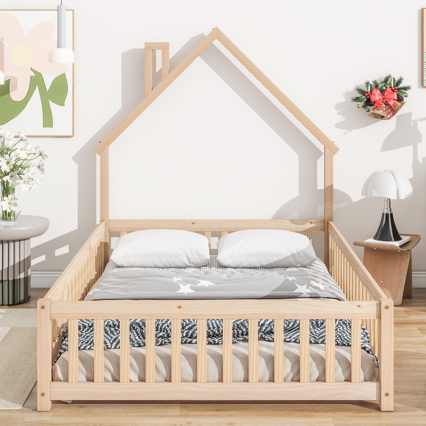 Full House-Shaped Headboard Floor Bed with Fence,Natural