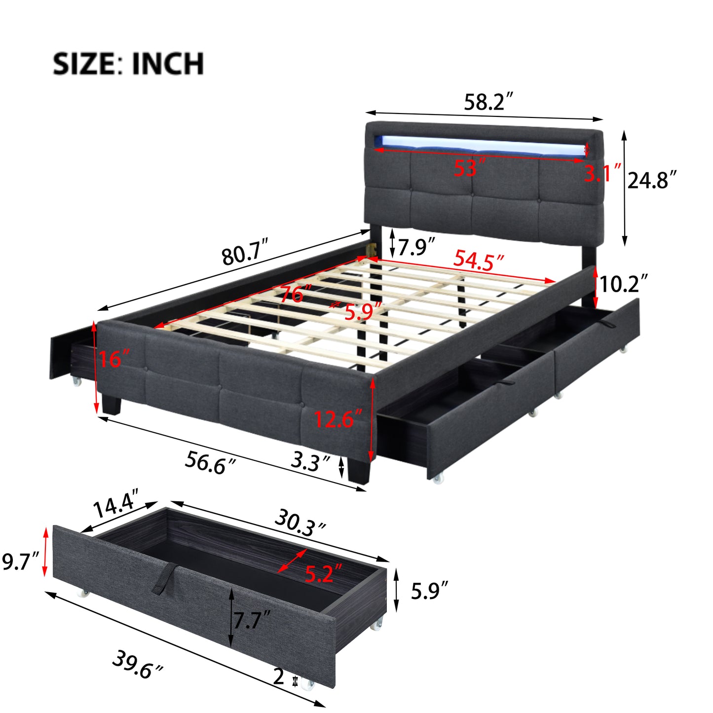 Full Size Upholstered Platform Bed with LED Frame and 4 Drawers, Linen Fabric, Gray