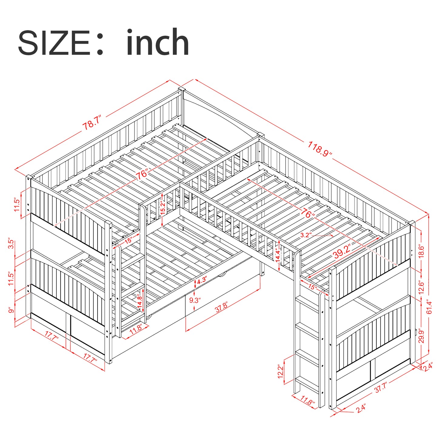 White Triple Sleeper Bunk Bed with Loft, Drawers, and Extended Sleeping Capacity