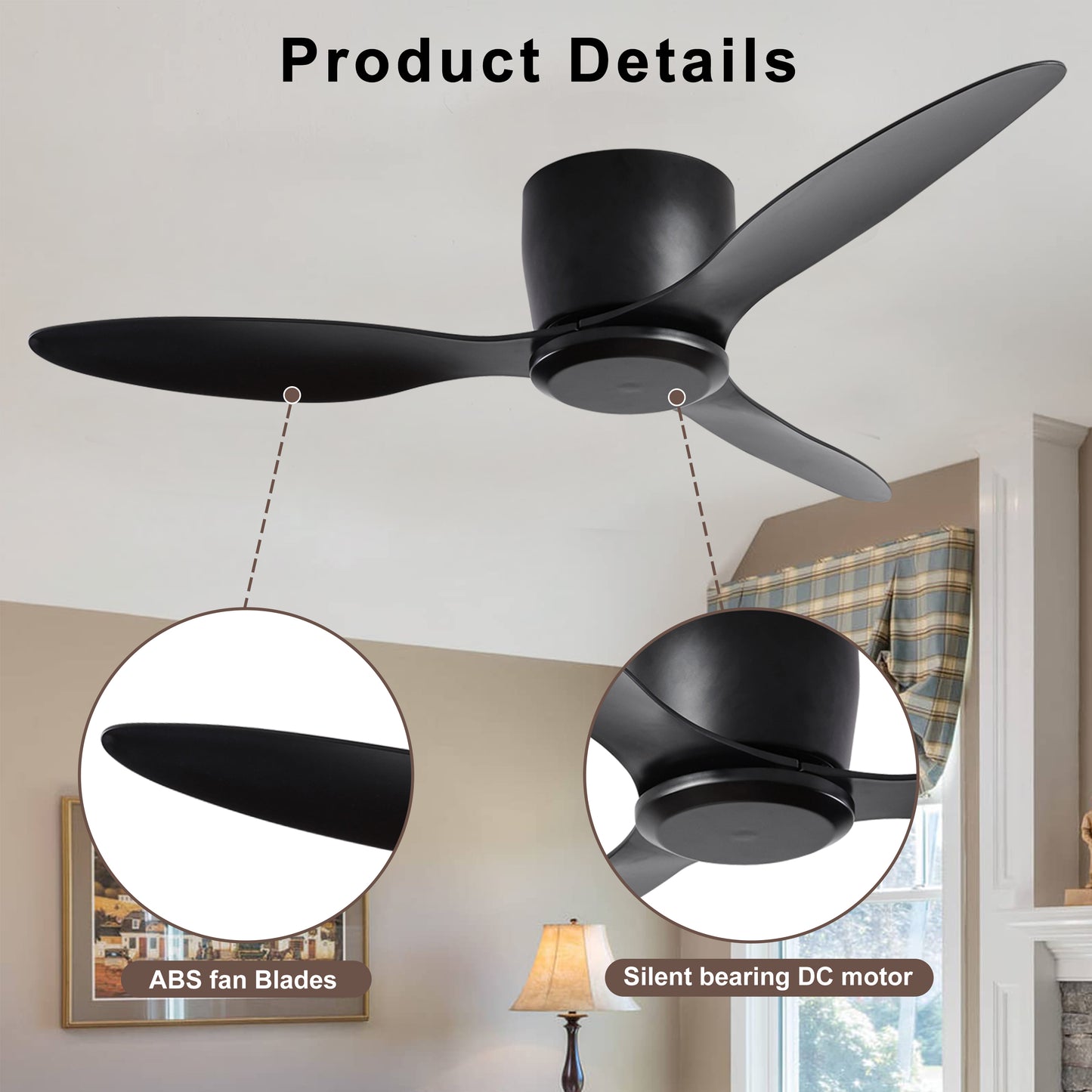 Quiet 42 Black Flush Mount Ceiling Fan with 6 Speeds Reversible Motor