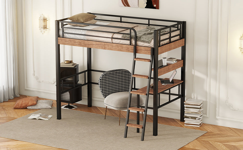 Metal Twin Size Loft Bed with Built-in Desk, Storage Shelf and Ladder, Black